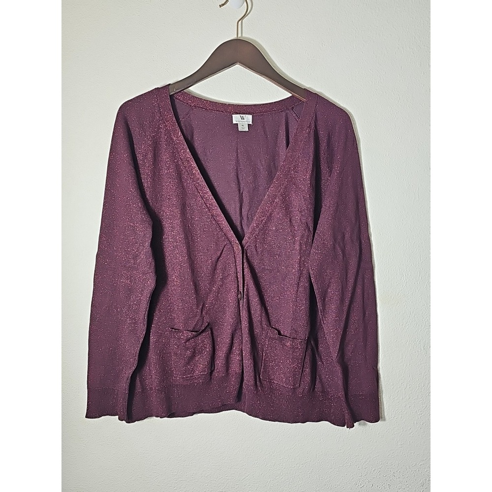 WORTHINGTON WOMENS BURGUNDY MAROON PURPLE METALLIC SPARKLE Gold CARDIGAN SZ XL